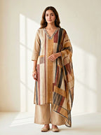 Beige and brown chanderi cotton suit set featuring geometric kurta, matching pant, and dupatta in earthy tones by Karchobi.