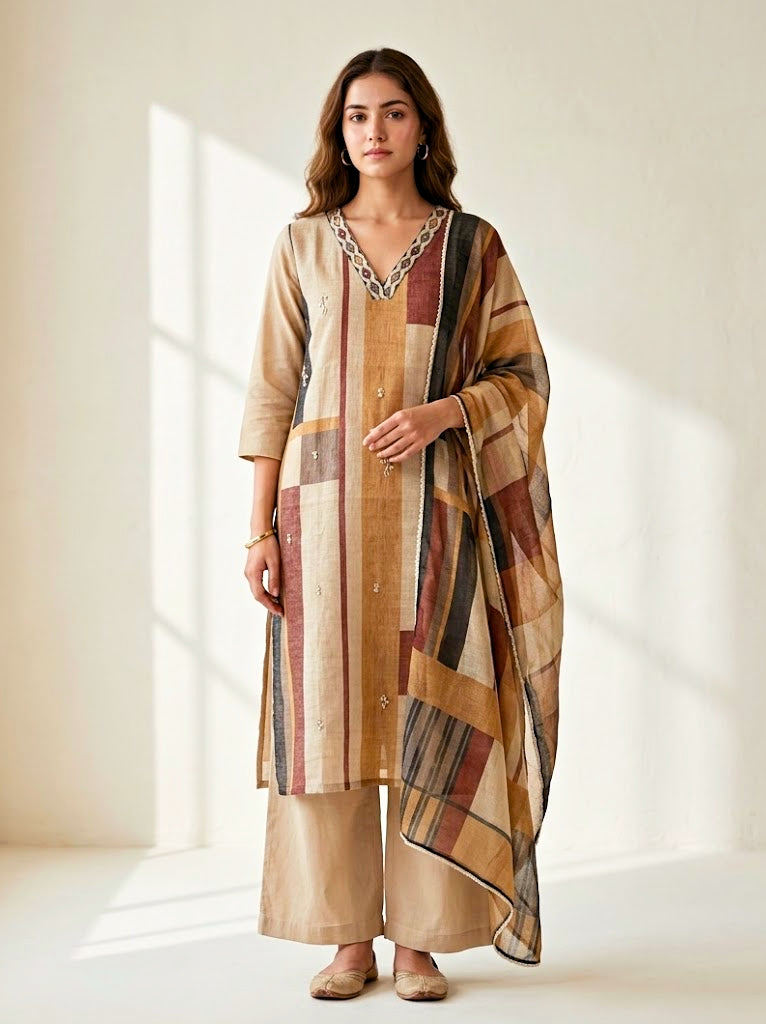 Beige and brown chanderi cotton suit set featuring geometric kurta, matching pant, and dupatta in earthy tones by Karchobi.