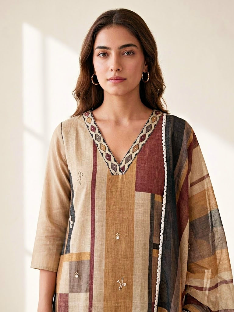 Beige and brown chanderi cotton suit set with geometric patterns, including kurta, pants, and dupatta, by Karchobi.