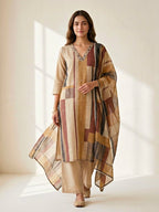 Beige and brown chanderi cotton suit set with geometric kurta, matching pants and dupatta, by Karchobi in earthy tones.