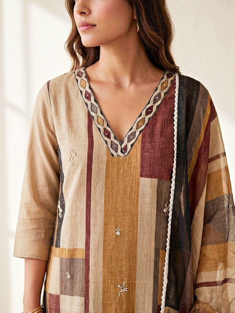 Beige and brown Karchobi chanderi cotton suit set with geometric pattern, includes kurta, pants, and dupatta for women.