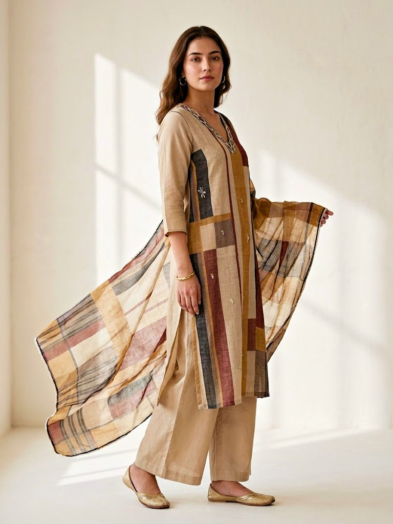 Beige and brown chanderi cotton suit set with geometric pattern, includes kurta, pants, and dupatta, styled for women.