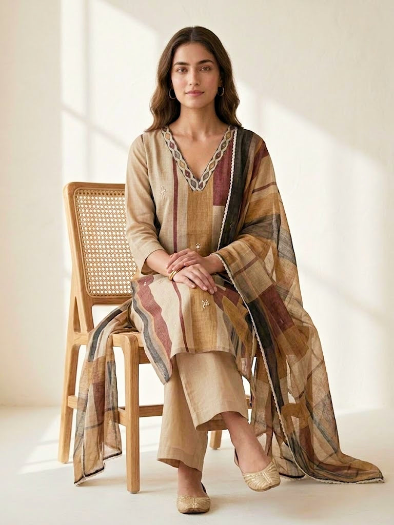 Beige and brown chanderi cotton suit set with geometric kurta, matching pants, and dupatta in earthy tones by Karchobi.