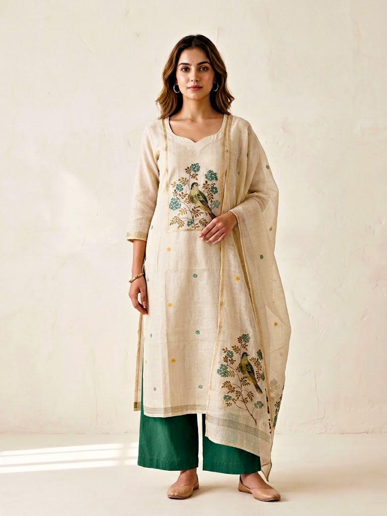 Beige and green Chanderi cotton suit set with woven bird and floral motifs, includes kurta, pants, and dupatta by Karchobi.