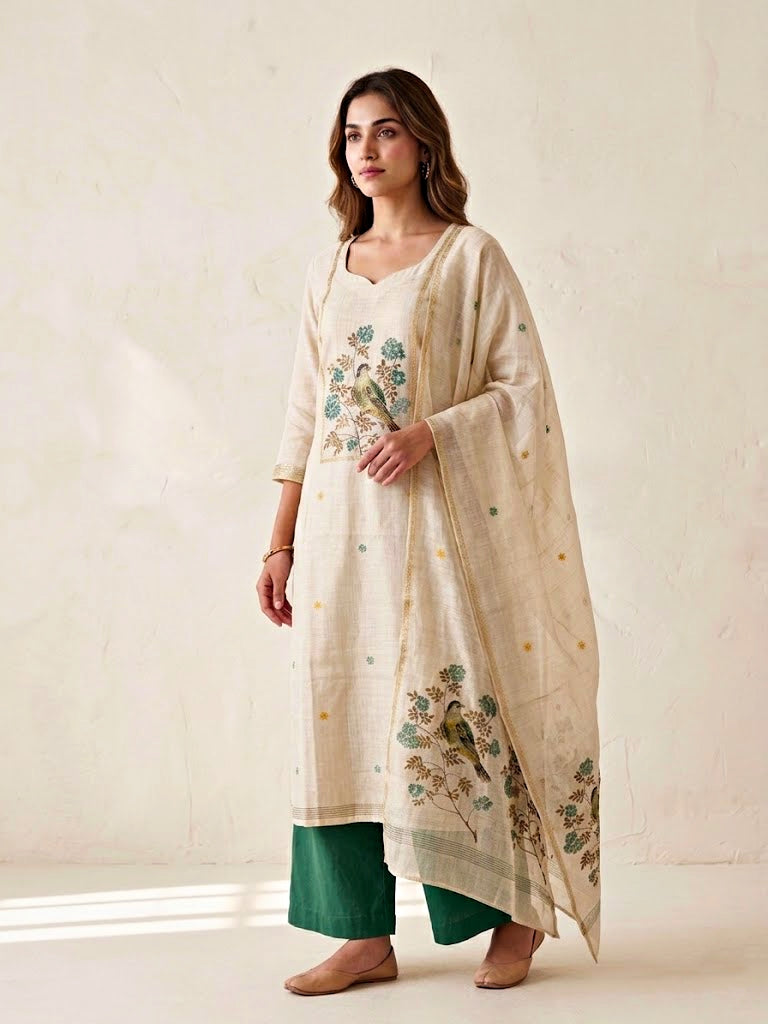 Beige and green chanderi cotton suit set with woven bird and floral motifs, includes kurta, pants, and dupatta by Karchobi.