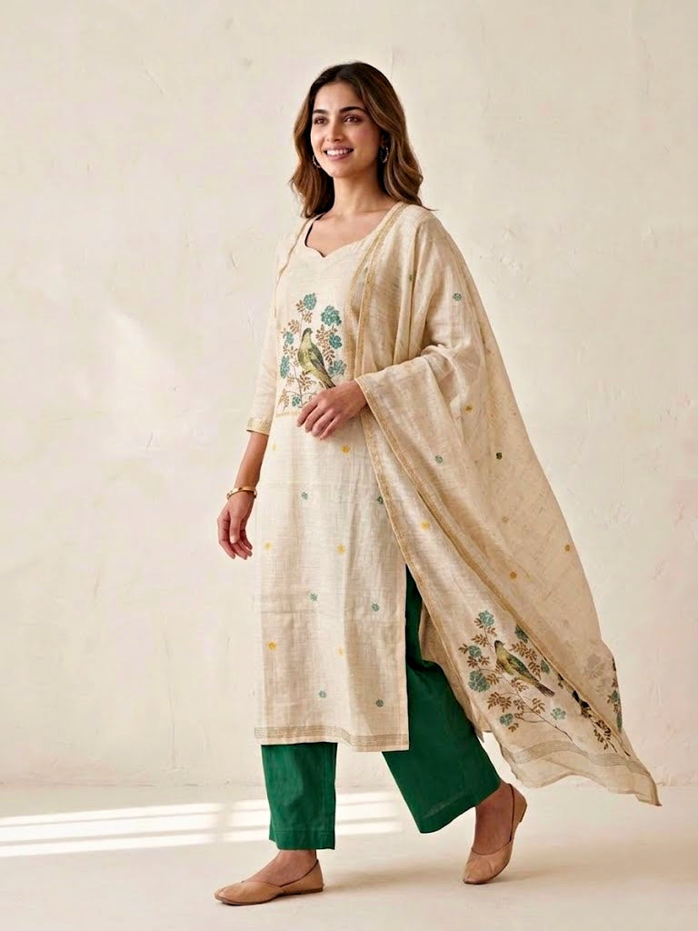 Beige and green chanderi cotton suit set by Karchobi with woven bird and floral motifs, includes kurta, pants, and dupatta.