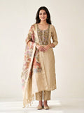 Beige chanderi cotton paisley embroidered suit set with kurta, pant, and animal art dupatta by Karchobi