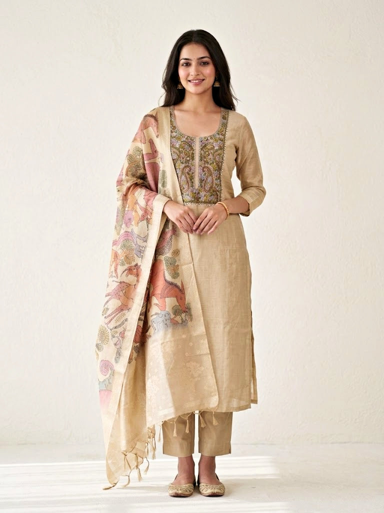 Beige chanderi cotton paisley embroidered suit set with kurta, pant, and animal art dupatta by Karchobi