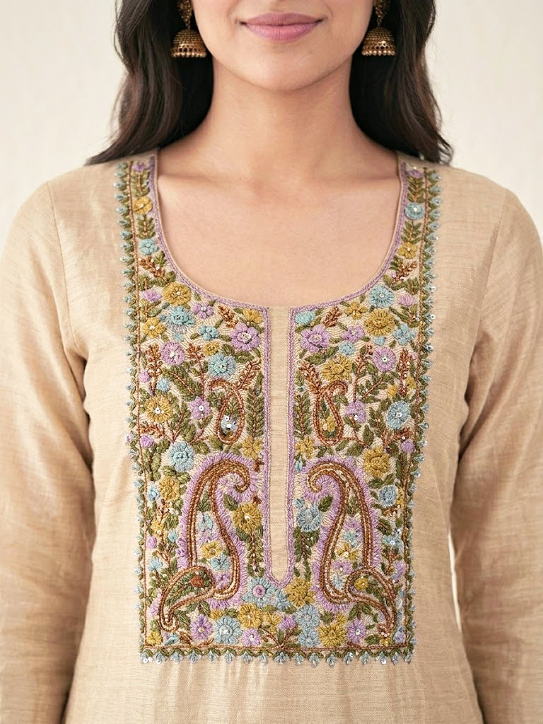 Beige chanderi cotton paisley embroidered suit set with kurta, pants, and dupatta featuring animal art embroidery by Karchobi.