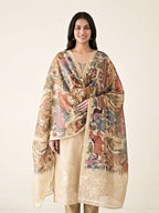 Beige chanderi cotton suit set with paisley embroidery, featuring a kurta, pant, and embroidered dupatta, designed for women.