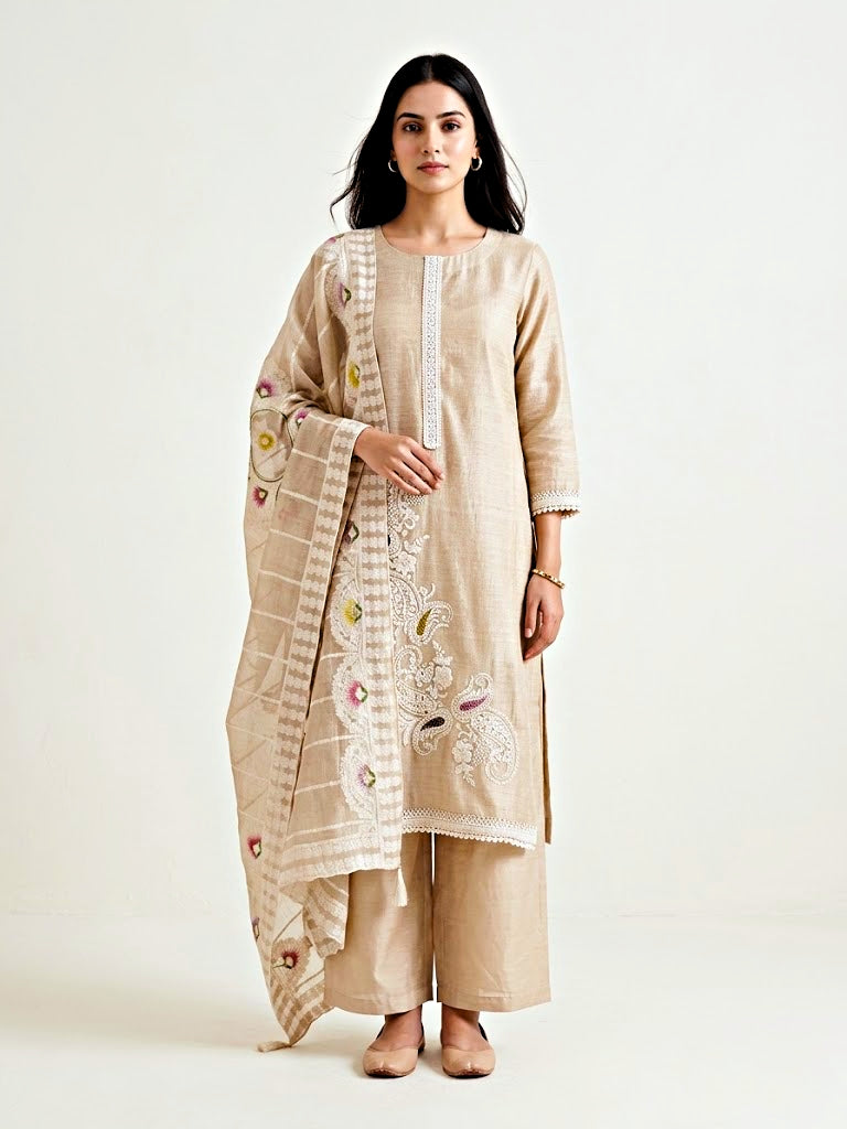Beige chanderi cotton suit set with paisley embroidery, lace details, and matching dupatta, featuring intricate thread embroidery on the kurta.