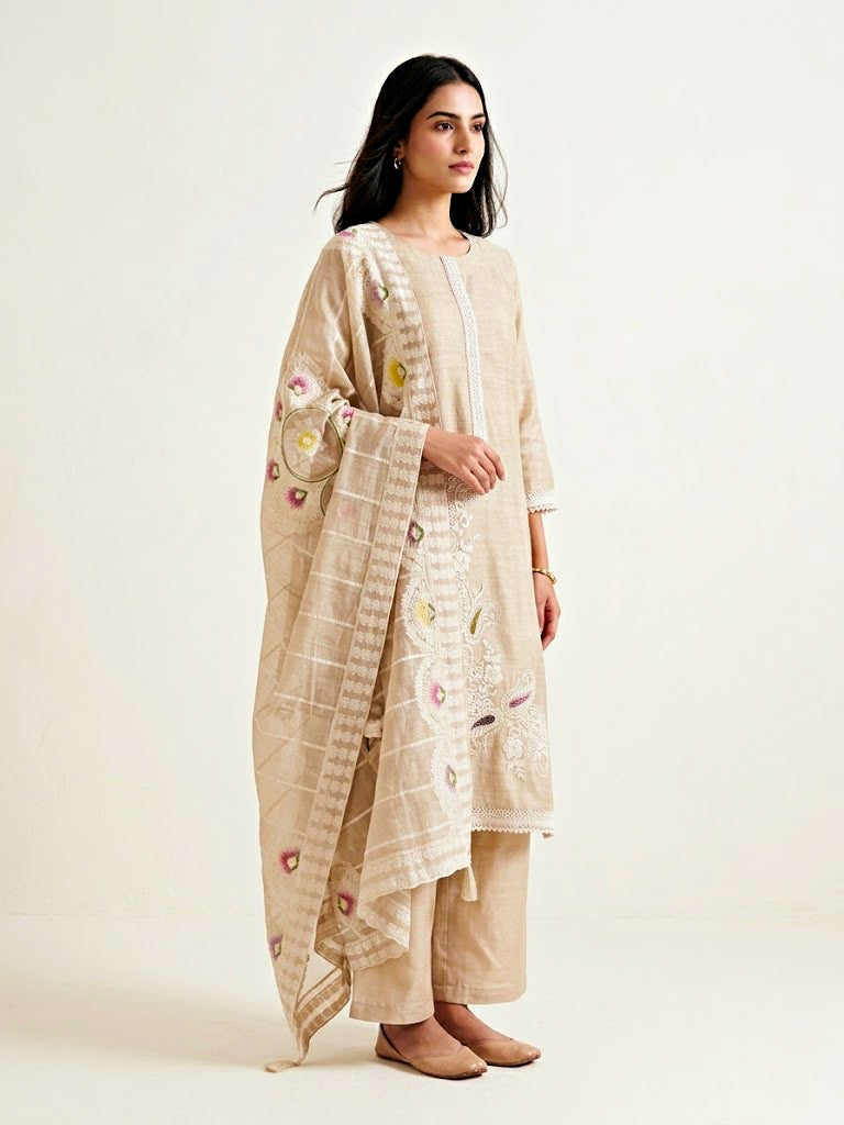 Beige chanderi cotton suit set with paisley embroidery, lace details, and matching kurta, pants, and dupatta by Karchobi.
