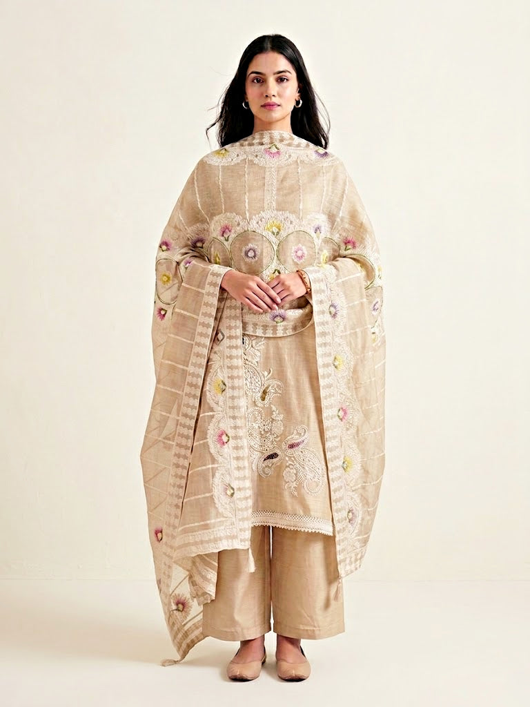 Beige chanderi cotton paisley embroidery suit set with lace and thread embroidery, includes kurta, pants, and dupatta.