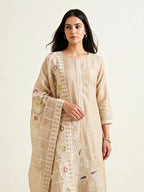 Beige chanderi cotton paisley embroidery suit set with lace details, neck embroidery, kurta, pants, and dupatta for women by Karchobi