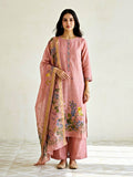 Blush pink chanderi cotton suit set with floral motifs, embroidered border, kurta, pants, and dupatta by Karchobi.