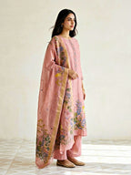 Blush pink chanderi cotton suit set with floral motifs, embroidered border, kurta, pants, and matching dupatta by KARCHOBI.