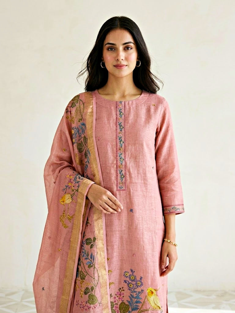 Blush pink chanderi cotton botanical suit set with floral motifs, embroidery border, kurta, pants, and dupatta for women.