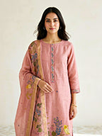 Blush pink chanderi cotton botanical suit set with floral motifs, embroidery border, kurta, pants, and dupatta for women.
