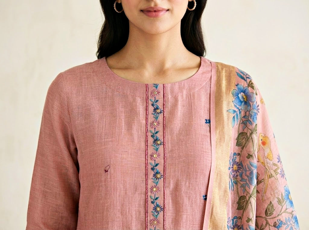 Blush pink chanderi cotton suit set with floral motifs, embroidery border, kurta, pants, and dupatta by Karchobi