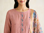 Blush pink chanderi cotton suit set with floral motifs, embroidery border, kurta, pants, and dupatta by Karchobi