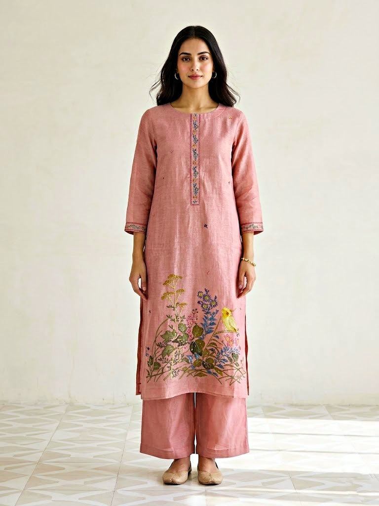 Blush pink chanderi cotton suit set with floral motifs, embroidery border, kurta, pants, and dupatta, by Karchobi.