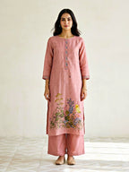 Blush pink chanderi cotton suit set with floral motifs, embroidery border, kurta, pants, and dupatta, by Karchobi.