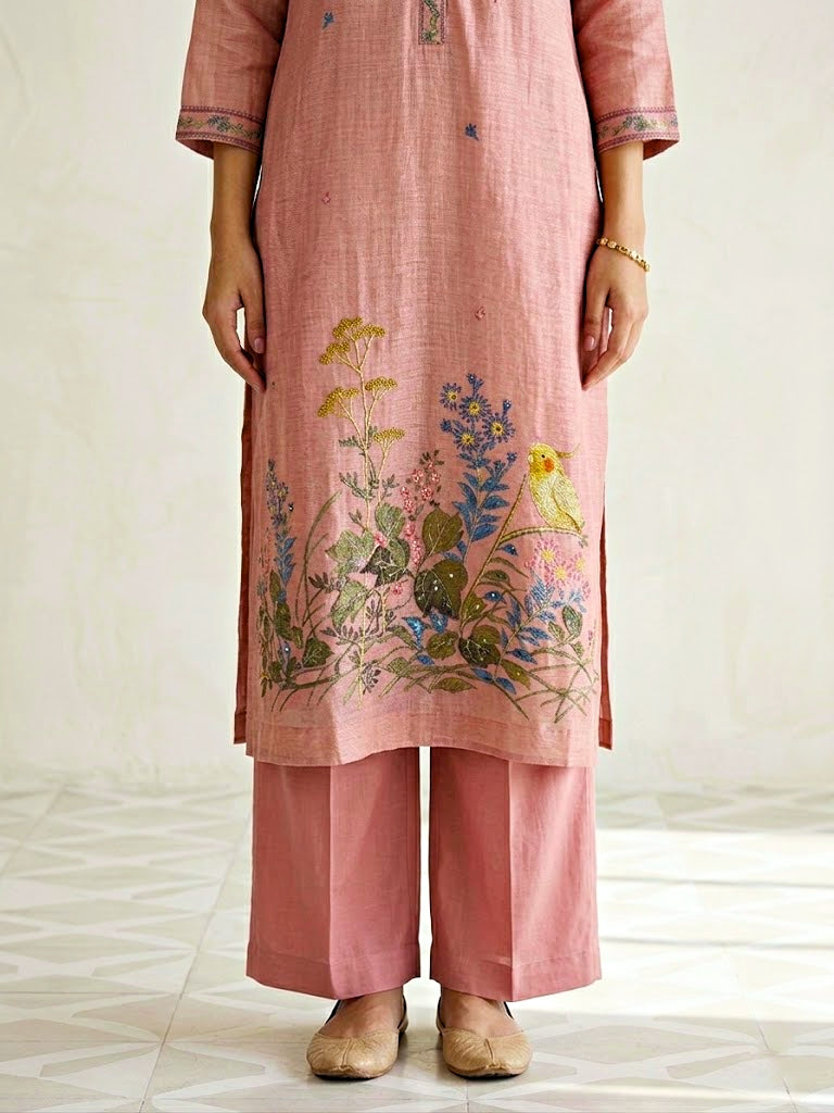 Blush pink chanderi cotton suit set with floral motifs, embroidery border, kurta, pants, and dupatta from Karchobi.