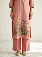 Blush pink chanderi cotton suit set with floral motifs, embroidery border, kurta, pants, and dupatta from Karchobi.