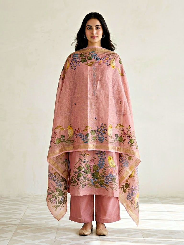 Blush pink chanderi cotton botanical suit set with floral motifs, embroidery border, kurta, pants, and dupatta for women.