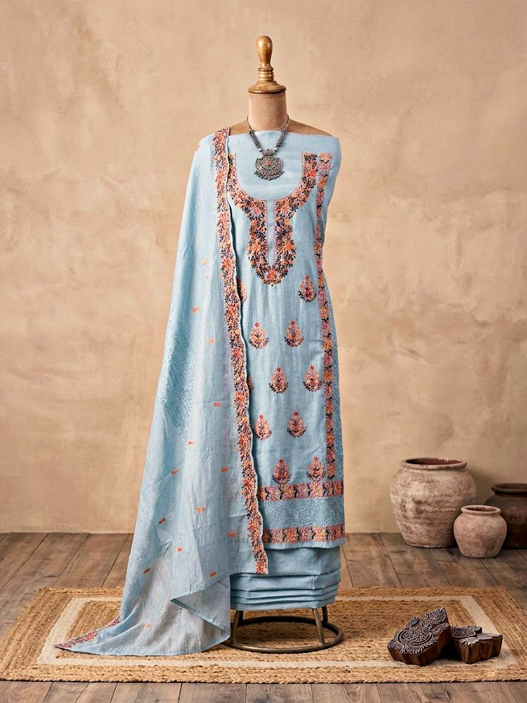 Powder blue chanderi cotton embroidered suit set by Karchobi with kurta, pants, and dupatta, featuring intricate thread embroidery.
