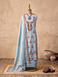Powder blue chanderi cotton embroidered suit set by Karchobi with kurta, pants, and dupatta, featuring intricate thread embroidery.