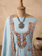 Powder blue chanderi cotton embroidered suit set with kurta, pants, and dupatta, featuring intricate thread embroidery by KARCHOBI.