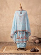 Powder blue chanderi cotton suit set with embroidered kurta, matching pants, and dupatta by Karchobi, unstitched fabric for women.
