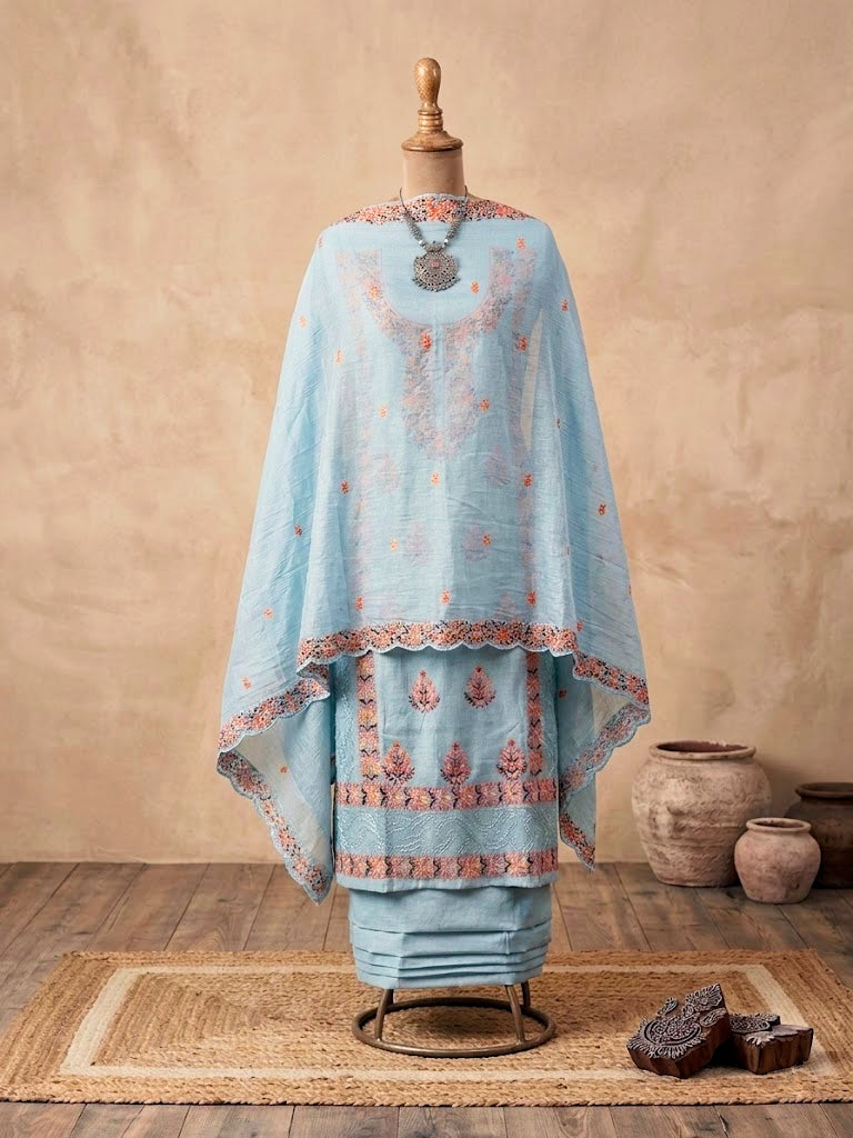 Powder blue chanderi cotton suit set with embroidered kurta, matching pants, and dupatta by Karchobi, unstitched fabric for women.