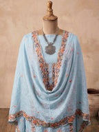 Powder blue Chanderi cotton embroidered suit set with kurta, pants, and dupatta, featuring intricate thread embroidery by KARCHOBI.