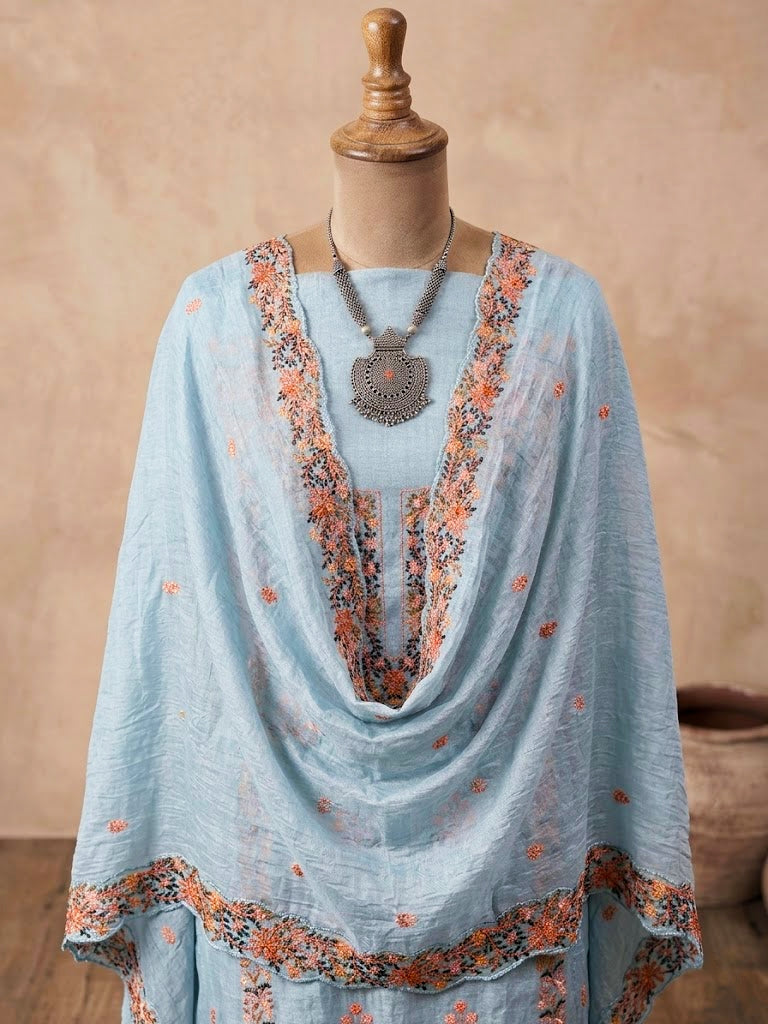 Powder blue Chanderi cotton embroidered suit set with kurta, pants, and dupatta, featuring intricate thread embroidery by KARCHOBI.
