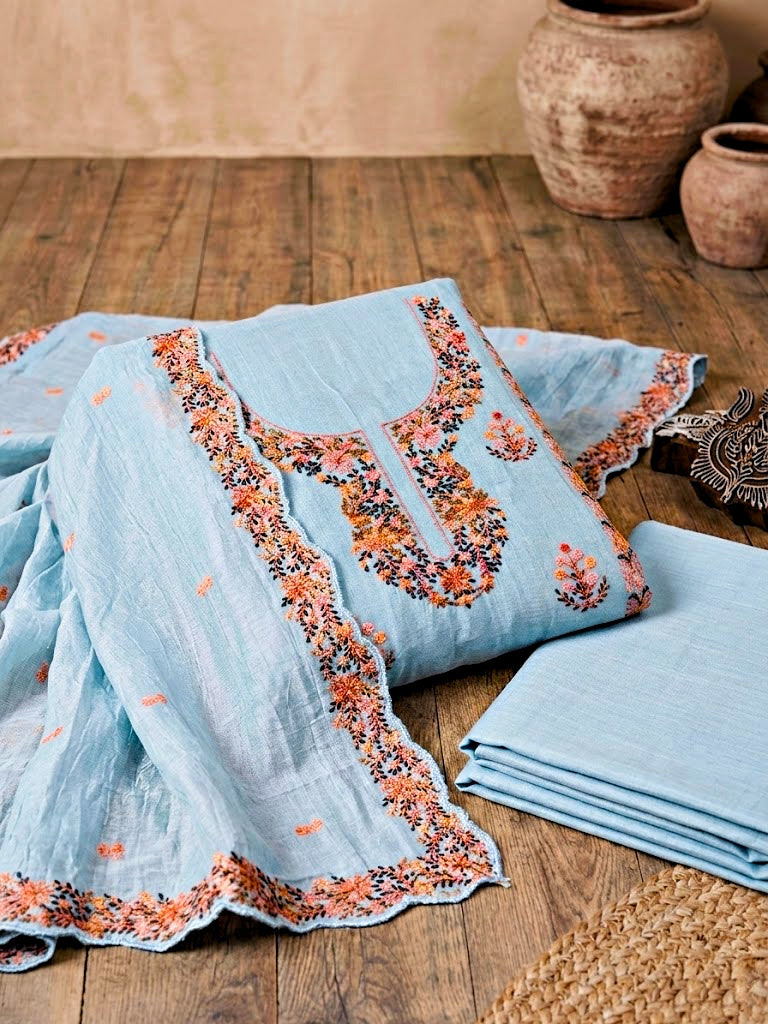 Powder blue chanderi cotton embroidered suit set with kurta, pants, and dupatta, featuring intricate thread embroidery for women.