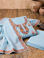 Powder blue chanderi cotton embroidered suit set with kurta, pants, and dupatta, featuring intricate thread embroidery for women.