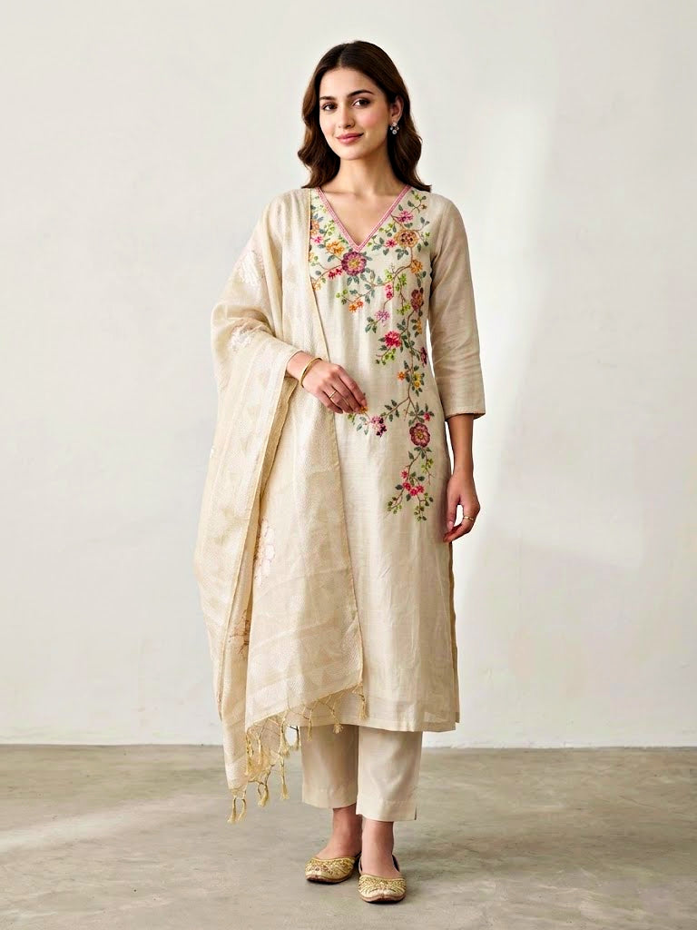 Ivory beige floral vine Chanderi cotton suit set with embroidered details, matching woven dupatta and kurta with pants.