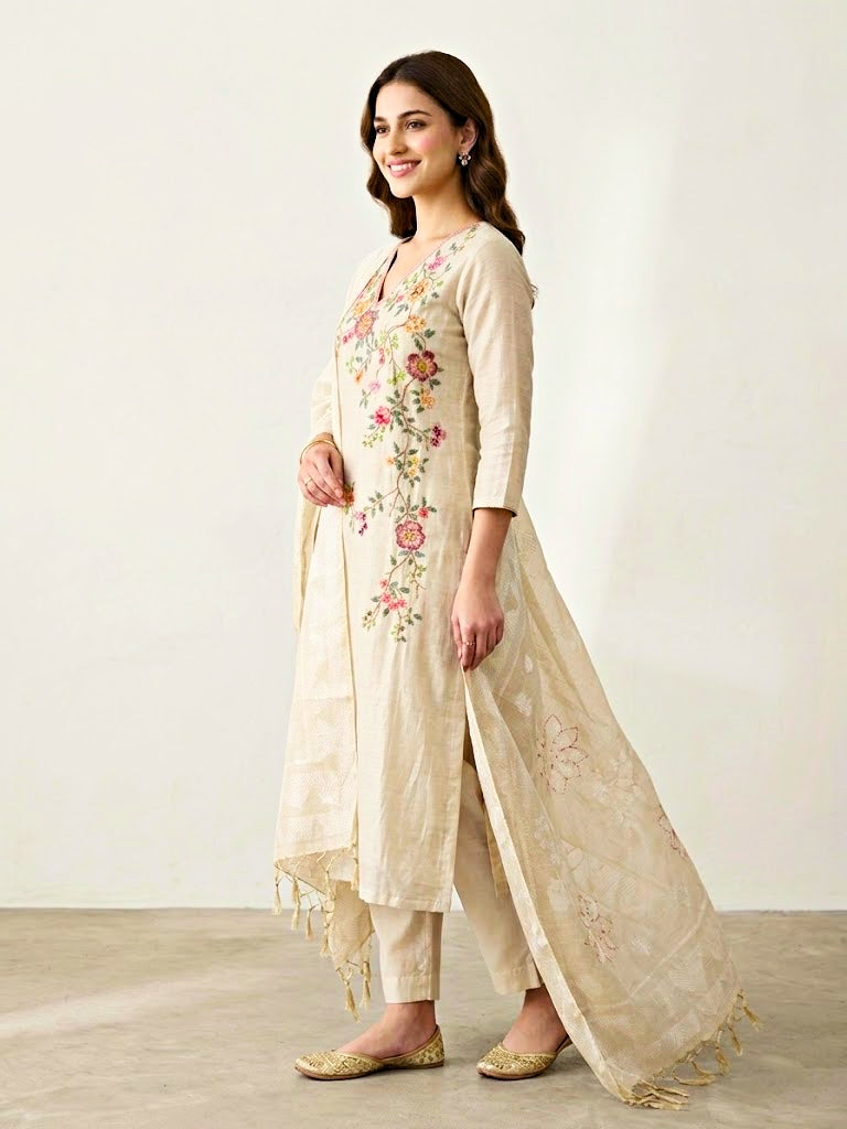 Ivory beige floral vine Chanderi cotton suit set with embroidered kurta, woven dupatta, and matching pants by Karchobi