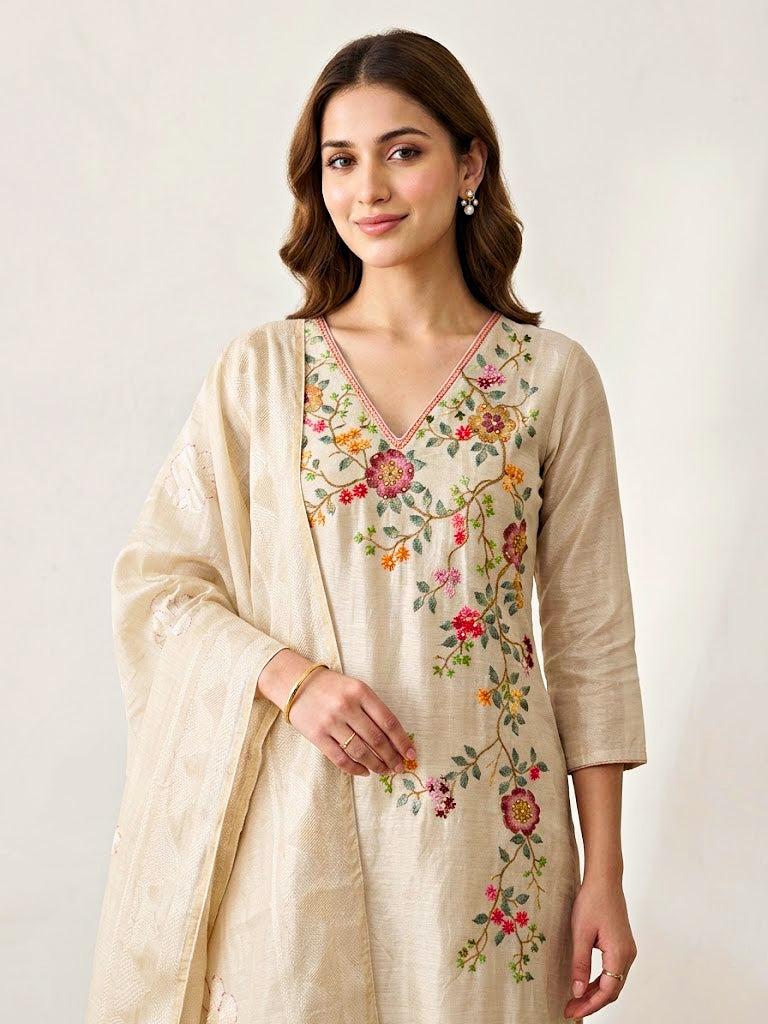 Ivory beige floral vine Chanderi cotton suit set with embroidery highlights and woven dupatta, featuring kurta and matching pants.