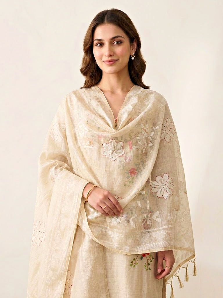 Ivory beige floral vine chanderi cotton suit set with embroidery, includes kurta, pants, and woven dupatta, by Karchobi.
