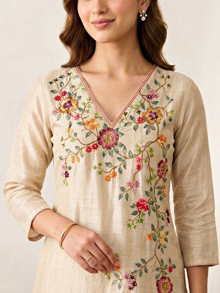 Ivory beige floral vine chanderi cotton suit set with embroidery and woven dupatta, featuring kurta and pants from Karchobi.