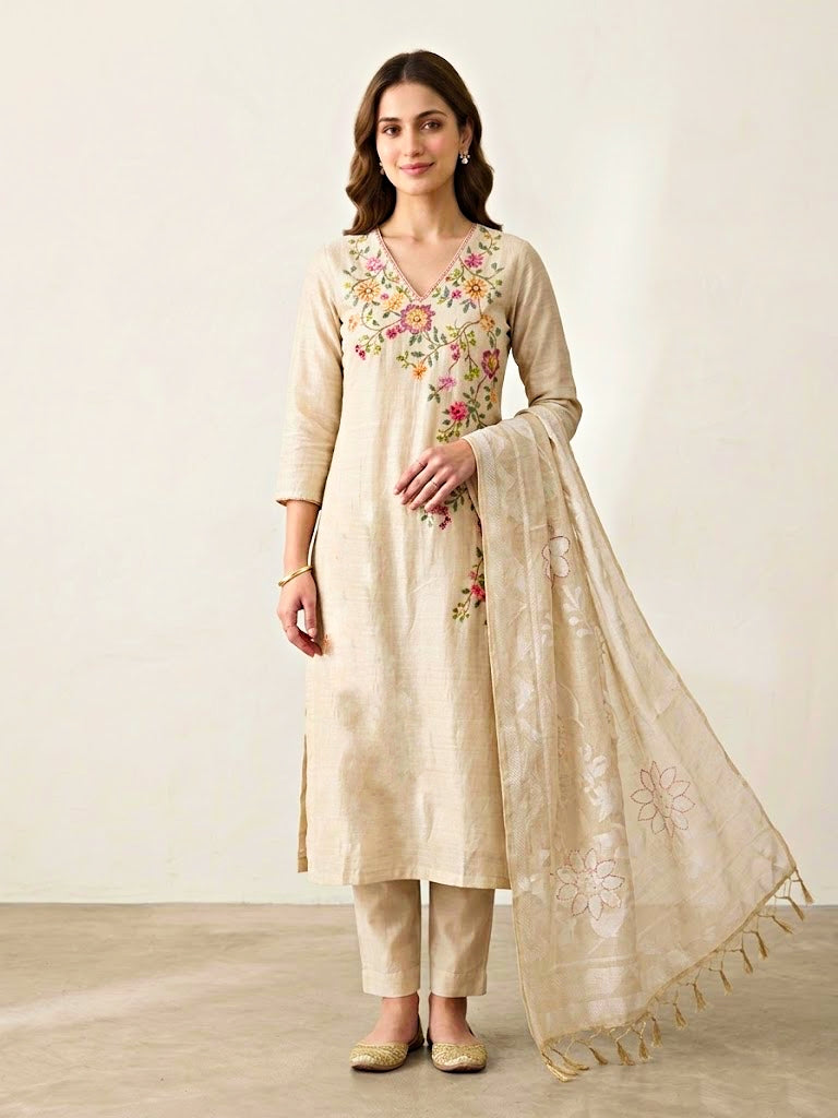 Ivory beige floral vine chanderi cotton suit set with embroidered details, woven dupatta, kurta, and matching pants.