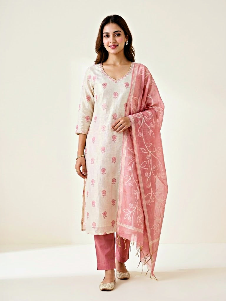 Ivory and pink chanderi suit set with floral buti print, gold zari embroidery, woven dupatta, kurta, and matching pants.