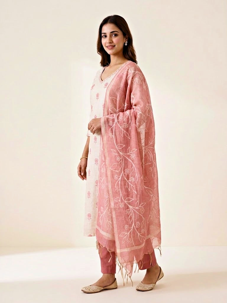 Ivory and pink chanderi suit set by Karchobi featuring floral print, gold zari embroidery, woven dupatta, kurta, and pants.