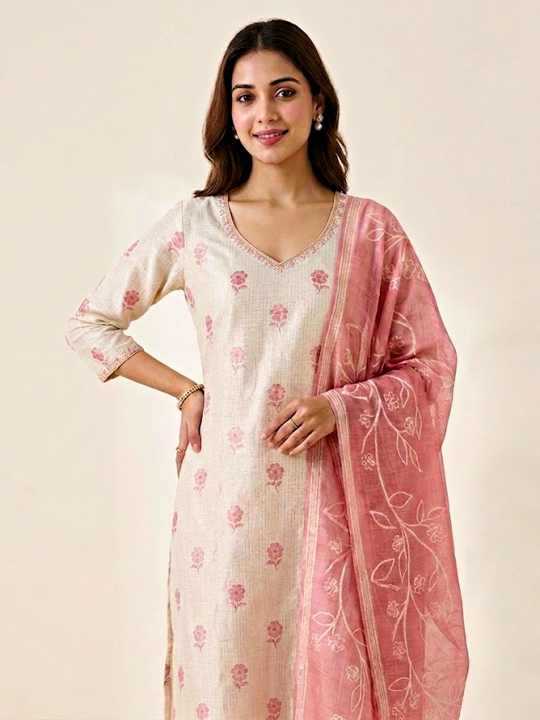 Ivory and pink chanderi suit set with floral print, gold zari embroidery, woven dupatta, kurta, and pants by Karchobi.