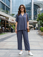 Teal Grey Rayon Slub Co-Ord Set