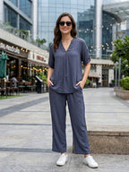 Teal Grey Rayon Slub Co-Ord Set