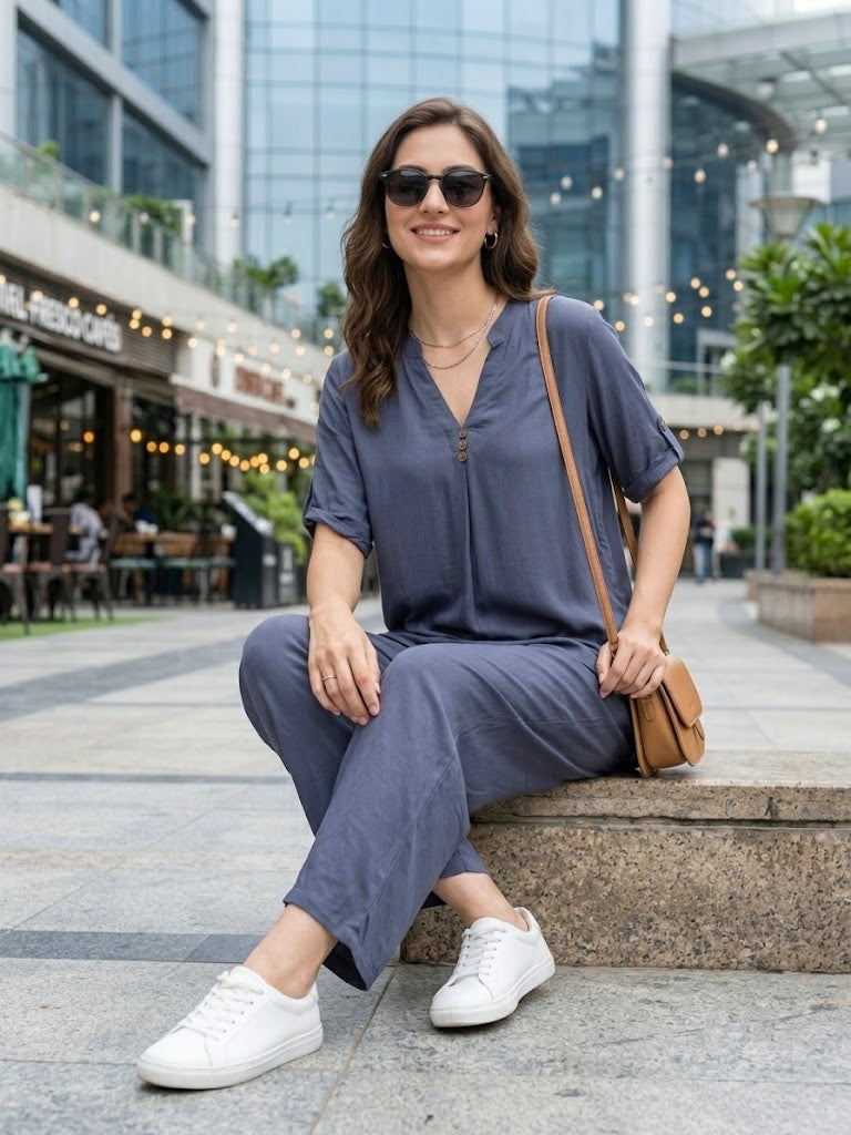 Teal Grey Rayon Slub Co-Ord Set